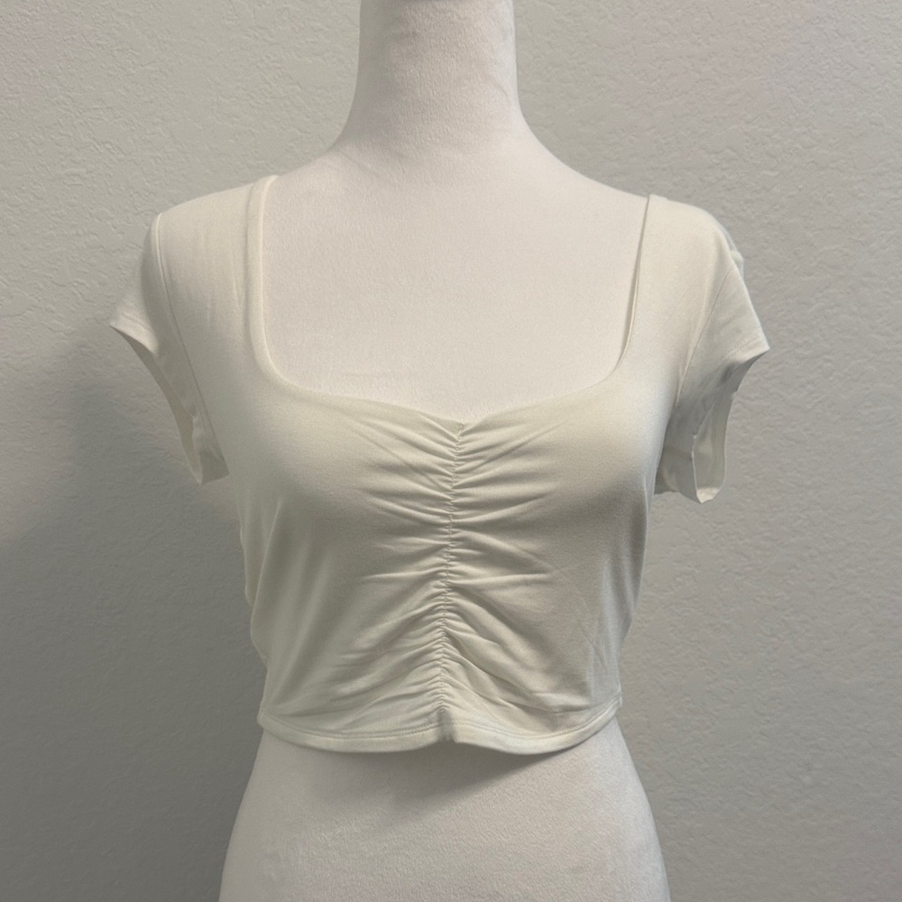Garage Cream Ruched Square-Neck Short Sleeve Crop Top